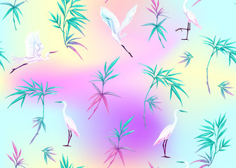 Fototapeta na wymiar Seamless pattern, background with tropical plants, flowers and birds. Colored vector illustration in neon, fluorescent colors. In light ultra violet pastel colors on mesh pink, blue background