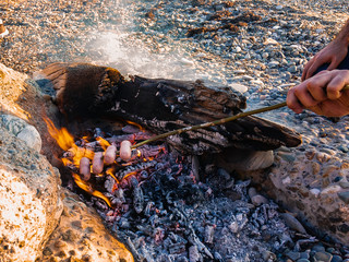 A man fries four sausages strung on a branch above a bonfire flame with embers and a charred tree trunk among stones and coastal pebbles on a sunny day.