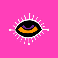 Eye symbol on pink font violet black white hand drawn vector illustration