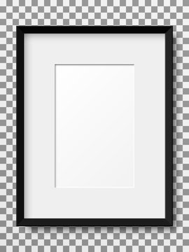 Realistic black vertical picture frame isolated on transparent background.