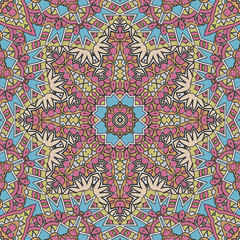 Bright color abstract mandala seamless pattern for decoration. Print for paper wallpaper, tiles, textiles.