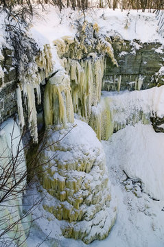 Valaste Waterfall is the highest waterfall in Estonia and popular tourist attraction with its spray freezing up in winter