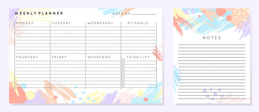 Vector weekly planner template with hand drawn shapes and textures in pastel colors.Organizer and schedule with place for notes,goals and to do list.Trendy minimalistic style.Abstract modern design.