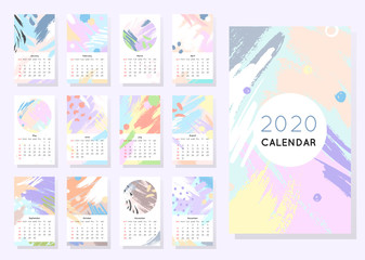 Calendar 2020 with hand drawn shapes and textures in soft pastel colors. Vector editable template in trendy minimalistic style.Abstract modern design.