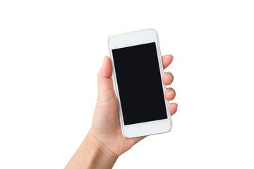 A woman hand  holding smartphone  ,isolated on white background