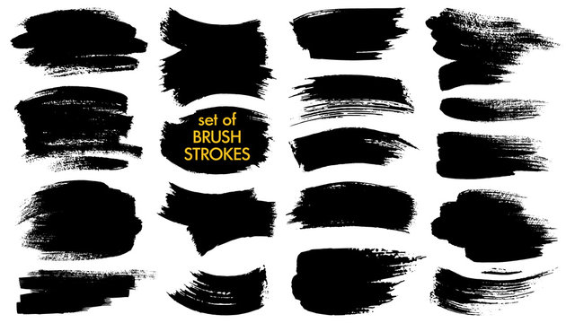 Collection of different ink brush strokes:rectangle,square and round freehand drawings.Ink splatters,grungy painted lines,artistic design elements.Vector paintbrush set.