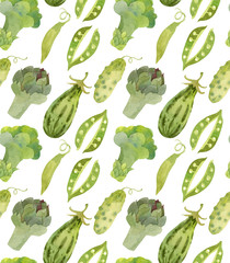 Seamless pattern with watercolor green vegetables.Hand drawn illustration. Isolated on white