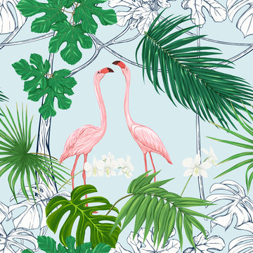 Seamless pattern, background. with tropical plants and flowers with white orchid and tropical birds on sky blue background.. Colored and outline design. Vector illustration.. © Elen Lane