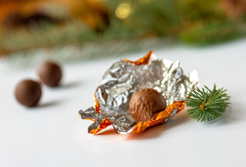 chocolate pralines with Christmas decorations