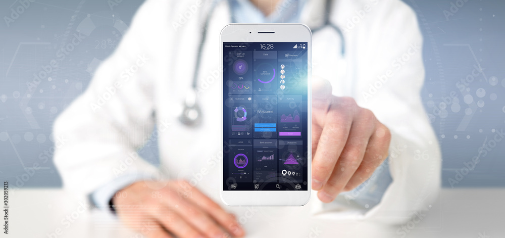 Poster doctor holding smartphone with user interface data on the screen isolated on a background