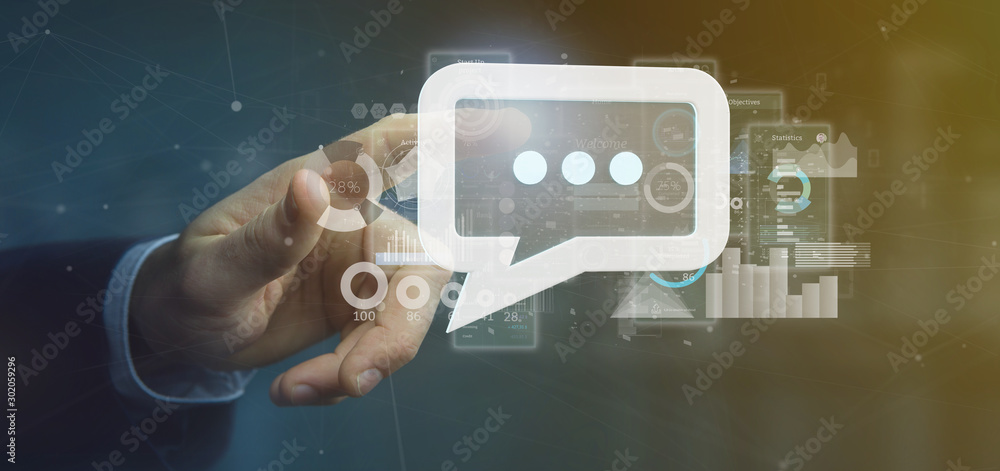 Poster view of a businessman holding a message icon with data in background - 3d rendering
