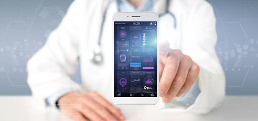Doctor holding Smartphone with user interface data on the screen isolated on a background