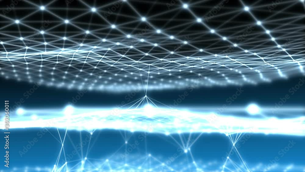 Poster Plexus lines and dots blue double field being crossed by a sphere, creating original organic motion. Fantasy science and technology composition. Depth of field settings. 3D rendering.