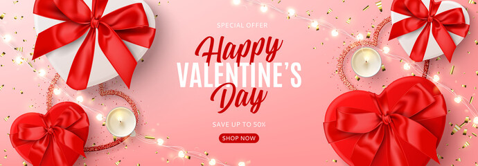 Fototapeta na wymiar Valentine's Day sale banner template. Vector illustration with realistic red and white gift boxes, sparkling light garland, candles and confetti on pink background. Promo discount banner.