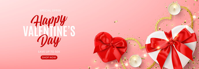 Fototapeta na wymiar Valentine's Day sale banner. Vector illustration with realistic red and white gift boxes, sparkling light garland, candles and confetti on pink background. Promo discount banner.