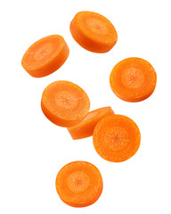 Falling Carrot slice isolated on white background, clipping path, full depth of field