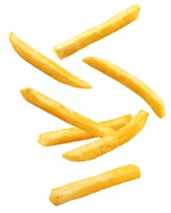 Tuinposter Falling french fries, potato fry isolated on white background, clipping path, full depth of field © grey