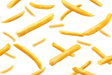 Falling french fries, potato fry isolated on white background, selective focus - obrazy, fototapety, plakaty