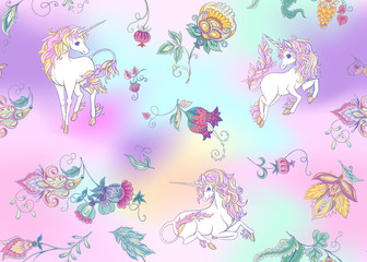 Obraz premium Seamless pattern with stylized ornamental flowers in retro, vintage style with unicorns. Jacobin embroidery. Colored vector illustration In pink, blue, ultraviolet colors on mesh background