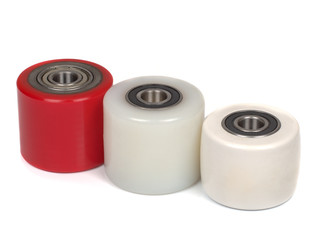 An industrial rollers for hoisting equipment made of polyamide and polyurethane isolated on a white