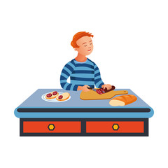 Boy cuts sausage on plate for a sandwich. Vector illustration in flat cartoon style.
