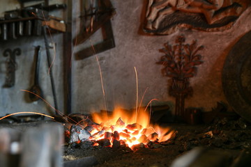 beautiful flame in the furnace of a traditional blacksmith shop