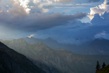 Wonderful views of the mountains in the Swiss Alps with backpackers.	