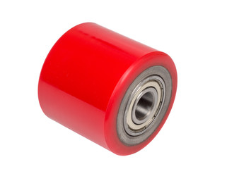 An industrial roller for hoisting equipment made of red polyurethane isolated on a white
