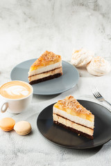 pear chocolate cake on gray plate on marble background. Selective focus. Vertical photo. Menu for bakery. cafe menu. Pastry. Delicious and sweet dessert at cafe restaurant.
