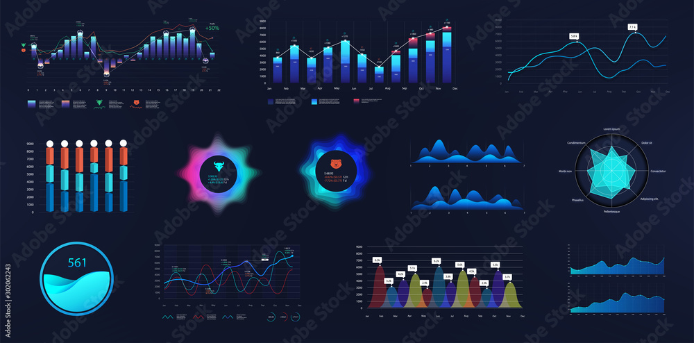 Poster Intelligent infographic UI, UX, GUI interface. Vector futuristic neon ui infographics digital illustration on tech panel hud diagram. Dashboard elements in flat style. Business presentation elements
