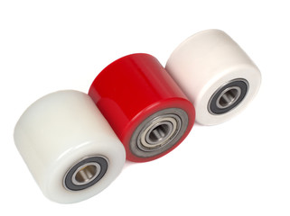An industrial rollers for hoisting equipment made of polyamide and polyurethane isolated on a white