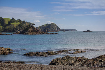 Fototapeta na wymiar View out to the Ocean from Putataua Bay Beach, near Matauri Bay in Northland New Zealand on Bright Sunny Day