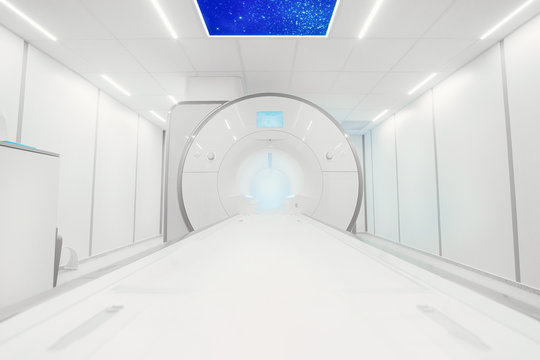 MRI - Magnetic resonance imaging scan device in Hospital. Medical Equipment and Health Care.  CT - Computerized Tomography Scan Device in Hospital.  MRI scaner room 