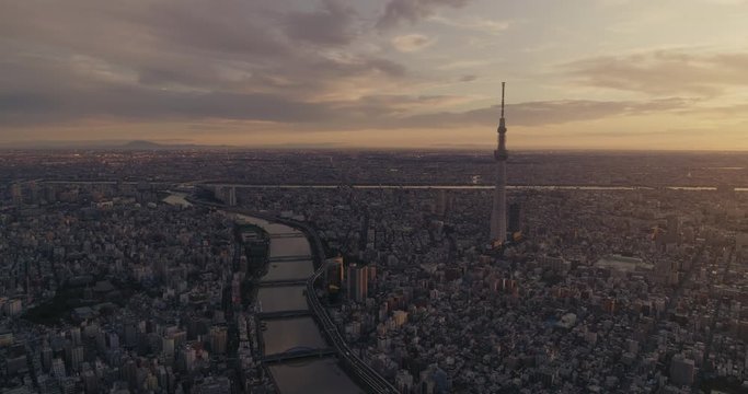 Aerial shot of central Tokyo at dawn, Japan