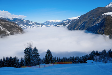 Photo of picturesque highlands with snow mountains, fir trees, blue sky and fog