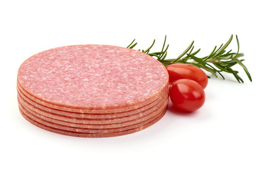 Smoked salami slices, thinly sliced sausage, isolated on white background