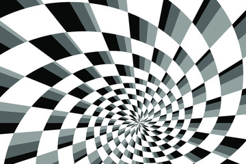Abstract Black and White Geometric Pattern with Squares. Checkered Optical Psychedelic Illusion. Spiral Tunnel. 3D Illustration