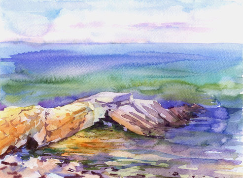 Stones and sea,seascape,hand drawn.Watercolor sketch © Olha