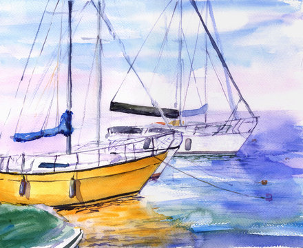 Yacht club,sailing boats in bay, hand drawn.Watercolor sketch