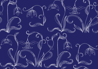 Galanthus, snowdrop. Imitation of traditional Japanese embroidery Sashiko. Spring flowers. Seamless pattern, background. Vector illustration. On navy blue background..