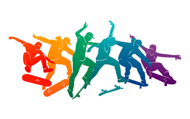 Skate people silhouettes skateboarders colorful vector illustration background extreme skateboard, skateboarding	