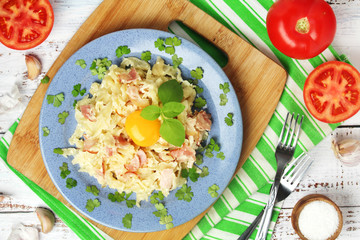 A plate with traditional pasta carbonara	