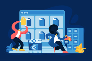 Corporate archive flat vector illustration. Data storage, record keeping, cloud computing concept. Bookkeeping and information organization. Office managers characters. Files and folder in drawers