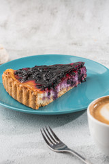 Tasty homemade pie with blueberries and blackberries on marble background. Top view. Copy space. Vertical. menu for cafe.