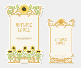 Sunflower. Set of 2 labels, decorative frames, borders. Good for product label with place for text Colored vector illustration. In art nouveau style, vintage, old, retro. Isolated on white background.