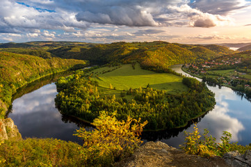 Beautiful outlook on the Vltava river, mountains and hills during sunset from the viewpoint Altan. (Zduchovice, Solenice, hidden gem among travel destinations in Czech republic)