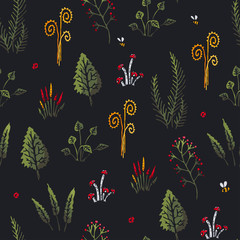 Seamless stylized plants, mushrooms and insects print. Vector colored illustration on dark background. Original floral pattern. EPS10