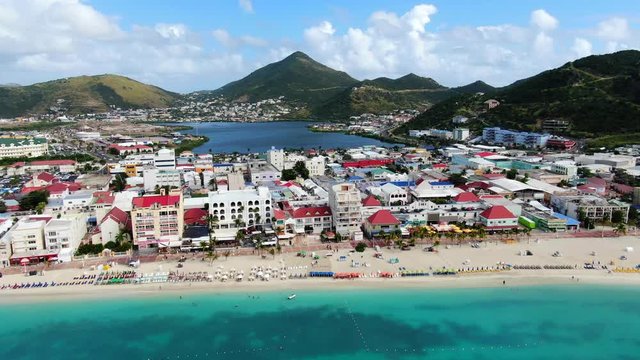 Aerial view of the Philipsburg harbor on Saint Martin island. Some hotels, beach and sailing yachts. Beautiful beach.