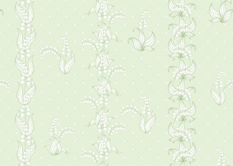 Lily of the valley, may-lily Seamless pattern, background. Vector illustration. In art nouveau style, vintage, old, retro style. On tea green background..