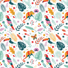 Vector pattern. Exotic tropical texture for printing, web design, poster template. Toucan, chameleon, parrot